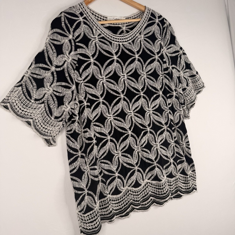 Solitaire Tunic Top Sz 1X Embroidered Floral Blue Anthropologie Boho Peasant - Picture 3 of 13